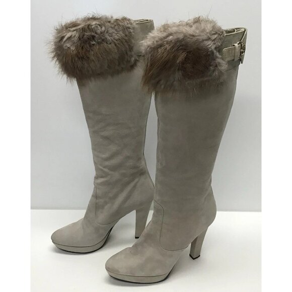 Gucci Boots Beige Tan Suede Fur Trim Tall Women’s Size 11 B - Picture 1 of 16